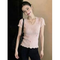 批发粉色蝴蝶结针织衫短袖t恤女夏季新款小香风气质甜美减龄显瘦上衣