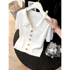 批发2026夏季新款爆款洋气藏蓝色蕾丝花边针织衫高级感短袖上衣衬衫女