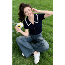 批发蕾丝拼接针织衫短袖开衫女2026夏季新款高级感藏蓝色短款上衣潮