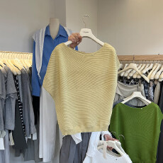 批发​<b class='q'>春</b>季宽松型遮肚子斜肩上衣显瘦独特蝙蝠袖针织衫女装