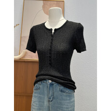 批发半开领纽扣正肩针织短袖T恤女2026夏季修身显瘦亨利领上衣