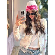 批发韩国新款～at春季小众碎花针织<b class='q'>开衫</b>女短款显瘦长袖上衣羊毛毛衣