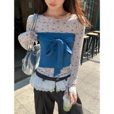 批发蓝色小碎花微透修身<b class='q'>长袖</b>T恤女春季新款内搭<b class='q'>打底衫</b>显瘦上衣