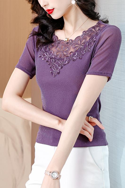 MY17760# 时尚镂空花边刺绣蕾丝短袖网纱洋气打底衫女裝貨源服裝批發