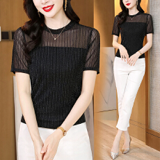 批发黑色修身正肩短袖t恤女夏季高端<b class='q'>品牌</b>网纱上衣2026新款设计感体恤