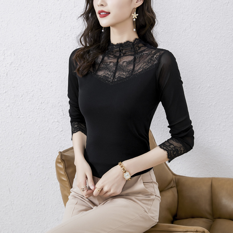 2026 봄 새로운 스탠드 칼라 망사 셔츠 여성 긴 소매 티셔츠 몸매 가꾸기 인사이드 가져 가라. 레이스 맨위 작은 셔츠