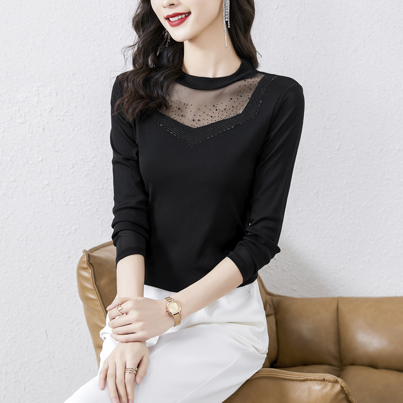 2026 봄 가을 신제품 레이스 라운드 넥 몸매 가꾸기 아름다운 핫픽스 망사 기본 셔츠