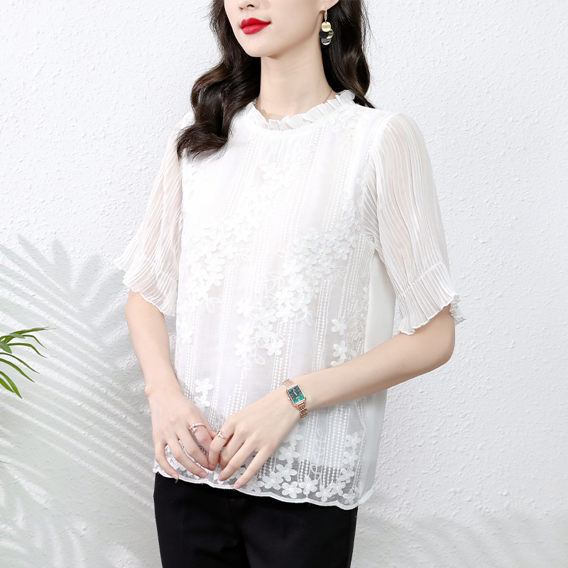2026 봄 가을 신제품 레이스 라운드 넥 몸매 가꾸기 아름다운 핫픽스 망사 기본 셔츠