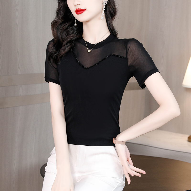 2026 여름 망사 홀로우 아웃 수공 비즈 박기 검정색 기본 셔츠 반팔 미니멀리즘 라운드 넥 풀오버 티셔츠