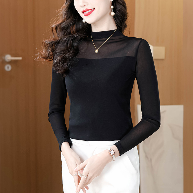 2026 봄 패션 레이스 망사 다용도 기초 섹션 풀오버 외국 가스 몸매 가꾸기 슬림해 보이는 기본 셔츠 미니멀리즘 단색