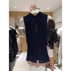 批发十三行百搭韩版半高领法式赫本黑色无袖露背甜辣开叉吊带背心女夏