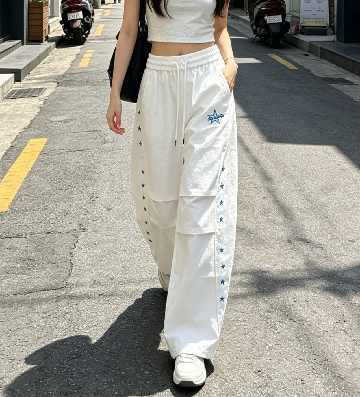 별 자수 캐주얼 바지 여성 넓은 다리 주름 루즈핏 슬림해 보이는 낙하산 병 모통이 칼 긴 바지