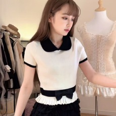 批发昭和少女蝴蝶结娃娃领针织花边拼接设计女装短袖上衣