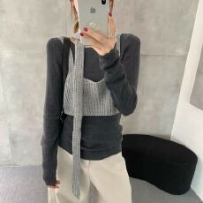 批发VI+韩版圆领修身针织衫+短款马甲背心两件套配飘带女2025秋季套装