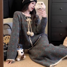 批发灰色小碎花针织开衫半身裙套装女秋冬宽松毛衣外套包臀长裙两件套