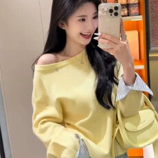 批发性感斜露肩条纹衬衫拼接袖口针织衫2025<b class='q'>春</b>季新款百搭显瘦长袖上衣