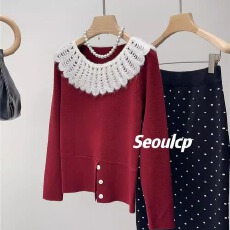 批发手工<b class='q'>蕾丝</b>钩花娃娃领收腰显瘦下摆开叉设计毛衣打底长袖小衫女