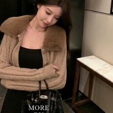 批发早安樊樊纯欲毛领毛衣女秋冬修身显瘦小众短款复古慵懒温柔风上衣