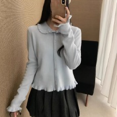 批发韩系秋款甜美娃娃领花边显瘦百搭开衫毛衣女