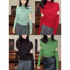 批发<b class='q'>韩版</b>纯色半高领蝙蝠袖拼接袖套针织衫女2025冬季新款气质修身上衣