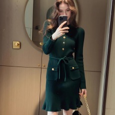 批发外贸新款女装裙子女秋轻熟气质收腰小香风墨绿色针织长袖连衣裙