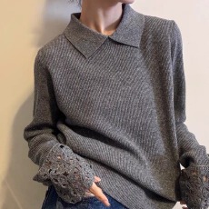 批发2025秋冬翻领爆款袖口镂空勾花设计高级感套头<b class='q'>毛衣</b>软糯宽松针织衫