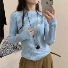 批发韩版修身显瘦竖条<b class='q'>打底衫</b>女2025秋冬新款休闲简约纯色针织圆领上衣