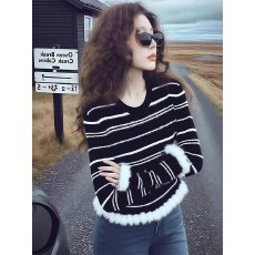 批发撞色条纹毛毛边<b class='q'>针织衫</b>女2026新款春季设计感收腰打底内搭毛衣上衣