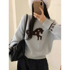 批发韩系手工花花小马圆领简约百搭全羊毛秋冬针织衫