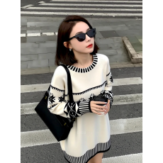 批发2025冬季新款美式<b class='q'>复古</b>费尔岛提花慵懒风中长款撞色宽松百搭毛衣裙
