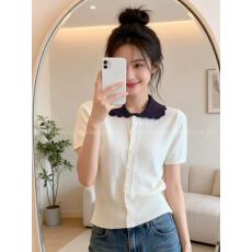 批发撞色娃娃领短袖<b class='q'>t</b><b class='q'>恤</b>女2026夏季新款微胖mm大码针织小衫设计感上衣
