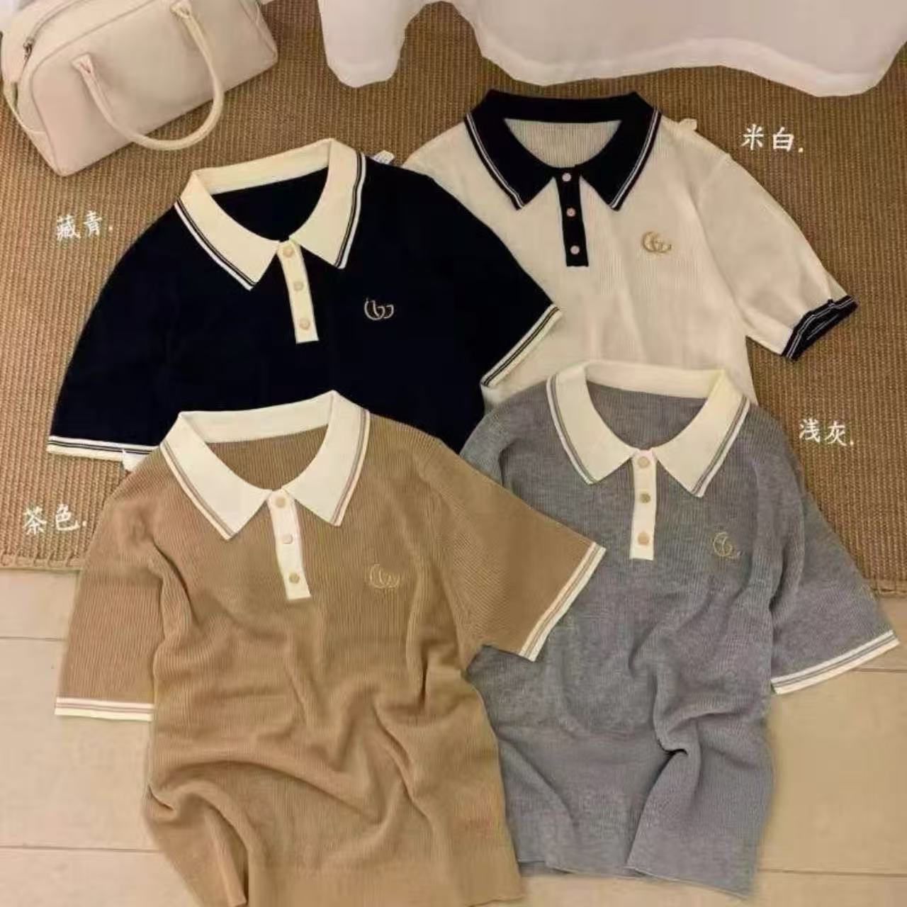 작은 샤넬 스타일 유럽 상품 POLO 칼라 배색 니트 반팔 여성 티셔츠 여름 새로운 품격 출퇴근 다용도 맨위 트렌디