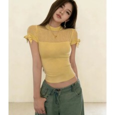 批发甜辣圆领镂空蝴蝶结针织短袖T恤女夏季2026新款修身显瘦薄款上衣