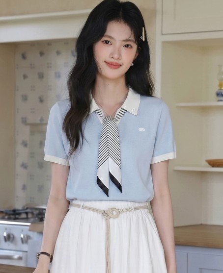 POLO 칼라 반팔 니트 스웨터 2026 여름 새로운 여성 의류 스카프 고유 한 아름다운 아름다운 초여름 여성 맨위