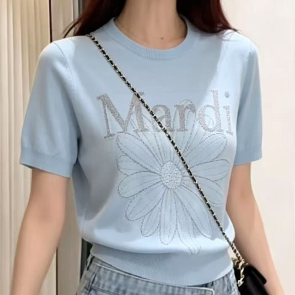 한국 mardi 반팔 여성 짧은 작은 데이지 골드 높음 은 같은 단락 몸매 가꾸기 긍정적 인 어깨 니트 스웨터