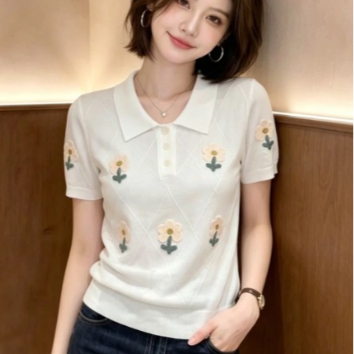 프랑스식 POLO 칼라 3 차원 꽃 반팔 니트 스웨터 여름 몸매 가꾸기 슬림해 보이는 패션 출퇴근 연령 감소 쇼트 스타일 맨위