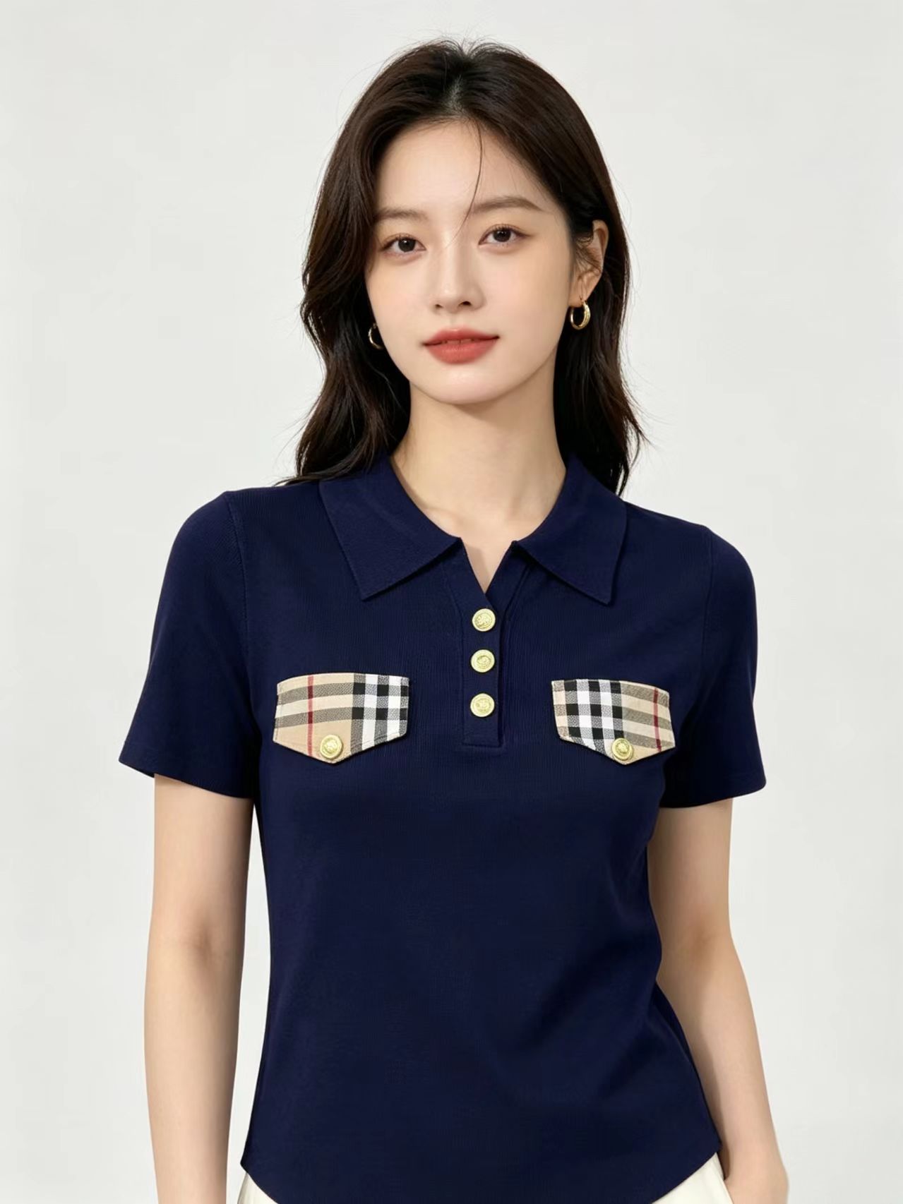클래식 POLO 칼라 니트 스웨터 체크무늬 주머니 꾸밈음 삼색 선택 사항 몸매 가꾸기 슬림해 보이는 학원 스타일 일상 다용도 섹션