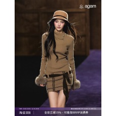 批发AGAM 毛毛袖口高领针织连衣裙冬季新款修身收腰显瘦纯欲气质短裙