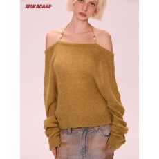批发MOKACAKE黄色挂脖露肩宽松慵懒感毛衣秋季新款一字肩针织衫上衣女