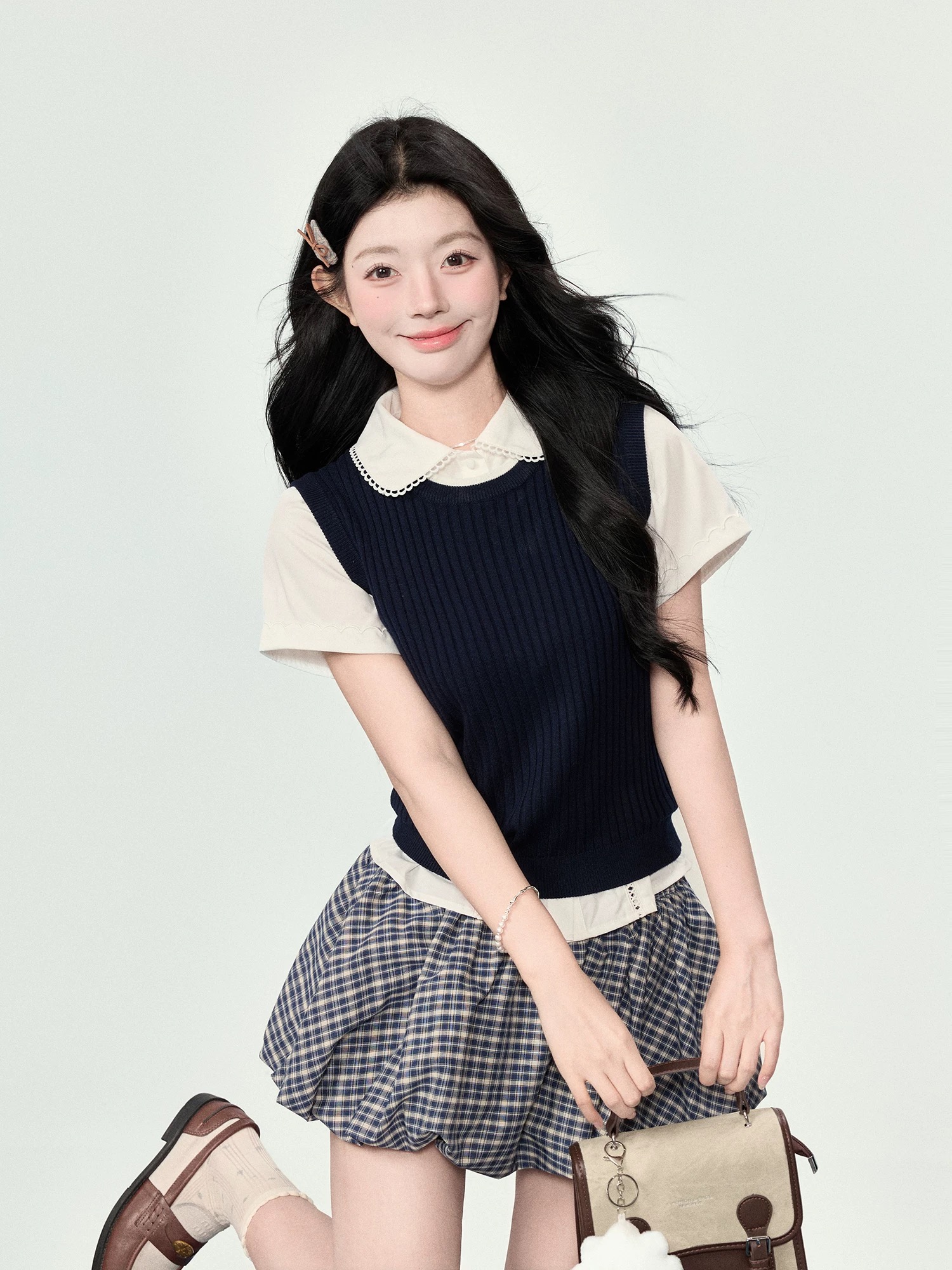 어리석은 ~보다 달콤한 sweety miu 부서 학원 스타일 세트 여성 여름 작은 키 polo 셔츠 베스트 미니 스커트 3종 세트