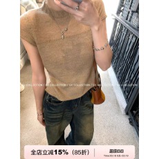 批发GV大白哥 质感<b class='q'>镂空</b> 设计感中领羊毛针织短袖上衣春季新款气质百搭