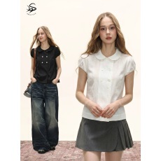 批发SHIYIYUE甜辣妹<b class='q'>娃娃领</b>短袖女夏季美式修身泡泡袖上衣设计感娃娃衫