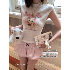 批发Okaaay【调皮小野猫】夏季修身设计感无袖上衣女桑蚕丝华夫格背心