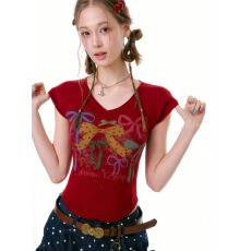 批发ziziFei''甜桃旧梦''夏<b class='q'>修身</b>显瘦上衣蝴蝶结印花红色v领短袖t恤女