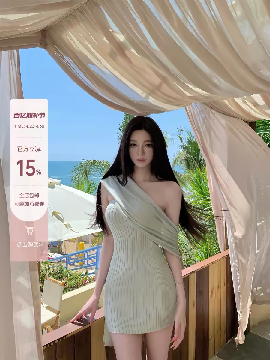 쑤 쑤 아 여름 뮤즈 행침 목 리본 여성 드레스 봄 여름 몸매 가꾸기 허리 수축 치마 품격 미니 스커트