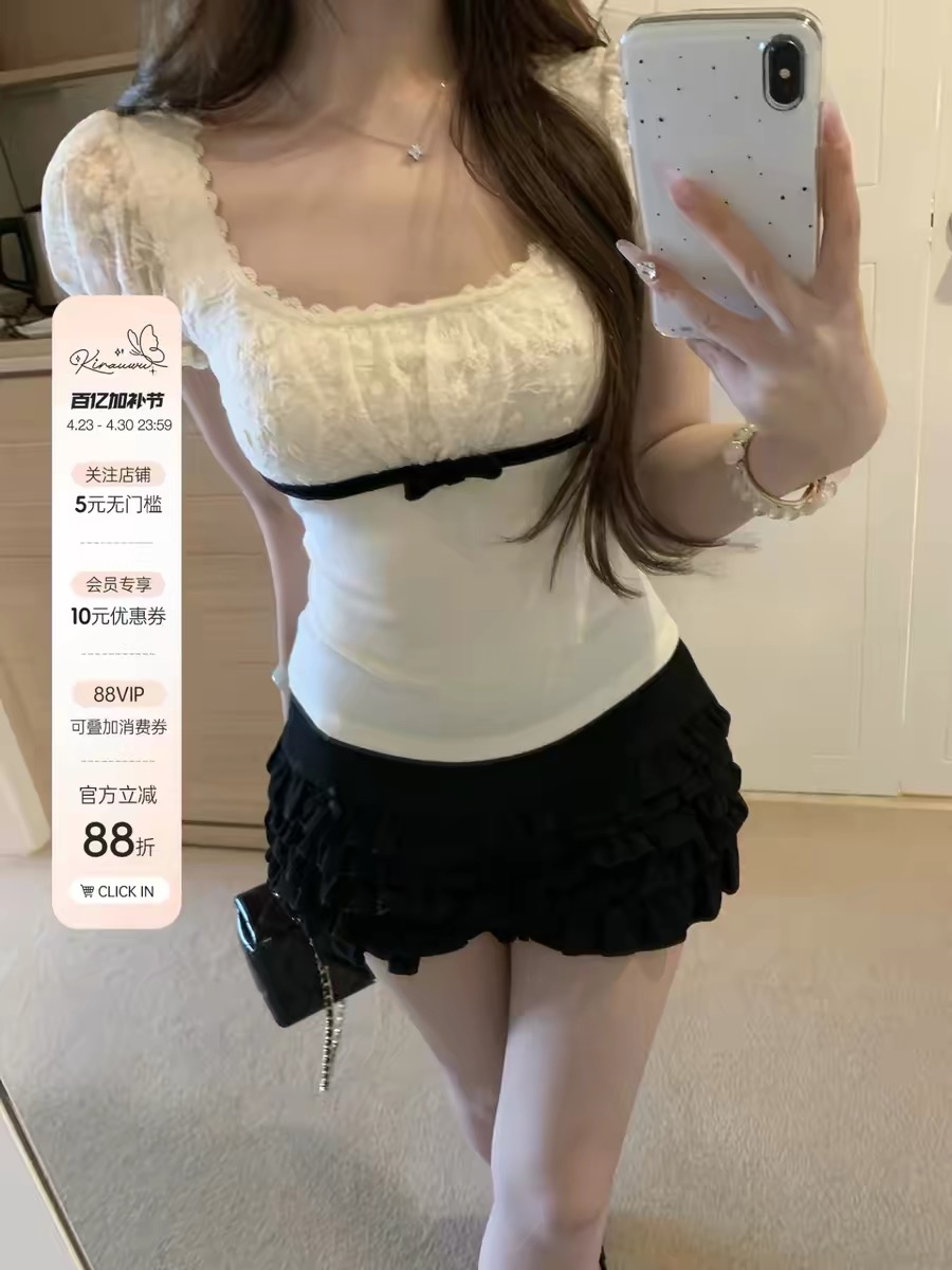 lukira 하고 싶은 대로 하게 하다 작은 miu 프랑스식 천 골드 센스 레이스 광장 칼라 버블 반팔 티셔츠 여성 여름 몸매 가꾸기 맨위