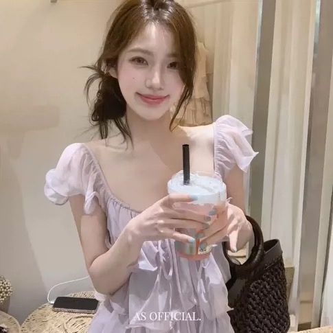 보라색 프릴 레이스업 V넥 작은 날다 소매 여성 셔츠 여름 한 부서 부드러운 바람 달콤함 루즈핏 슬림해 보이는 맨위