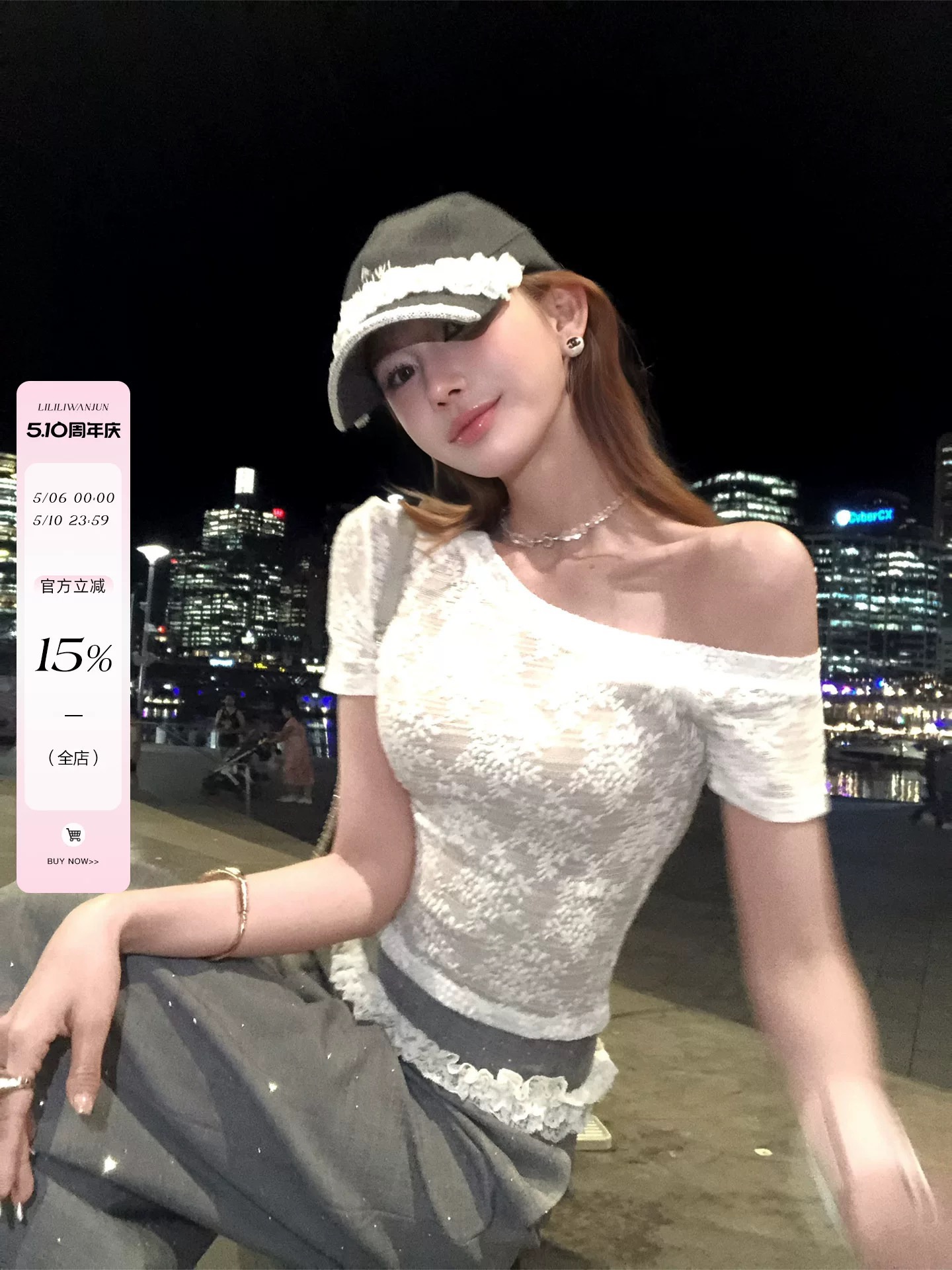 리 부드럽게 6 월 하나 의류 세 착용 오리지널 작은 대중 디자인 비스듬한 어깨 레이스 티셔츠 여성 몸매 가꾸기 슬림해 보이는 반팔 맨위