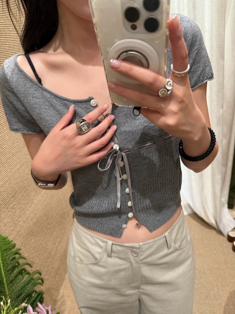 isaro uu 맞춤 선 vintage 양모 반팔 절묘한 벨벳 레이스업 낮음 라운드 넥 부드럽다 짧은 맨위