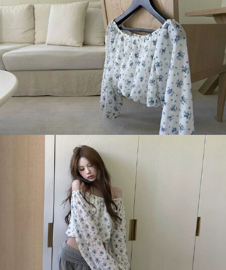 tongiiuu 마이크로 달콤한 마드리드 프랑스식 오프숄더 펌프 Pleat 꽃무늬 맨위 여성 디자인 센스 긴팔 작은 셔츠 여름